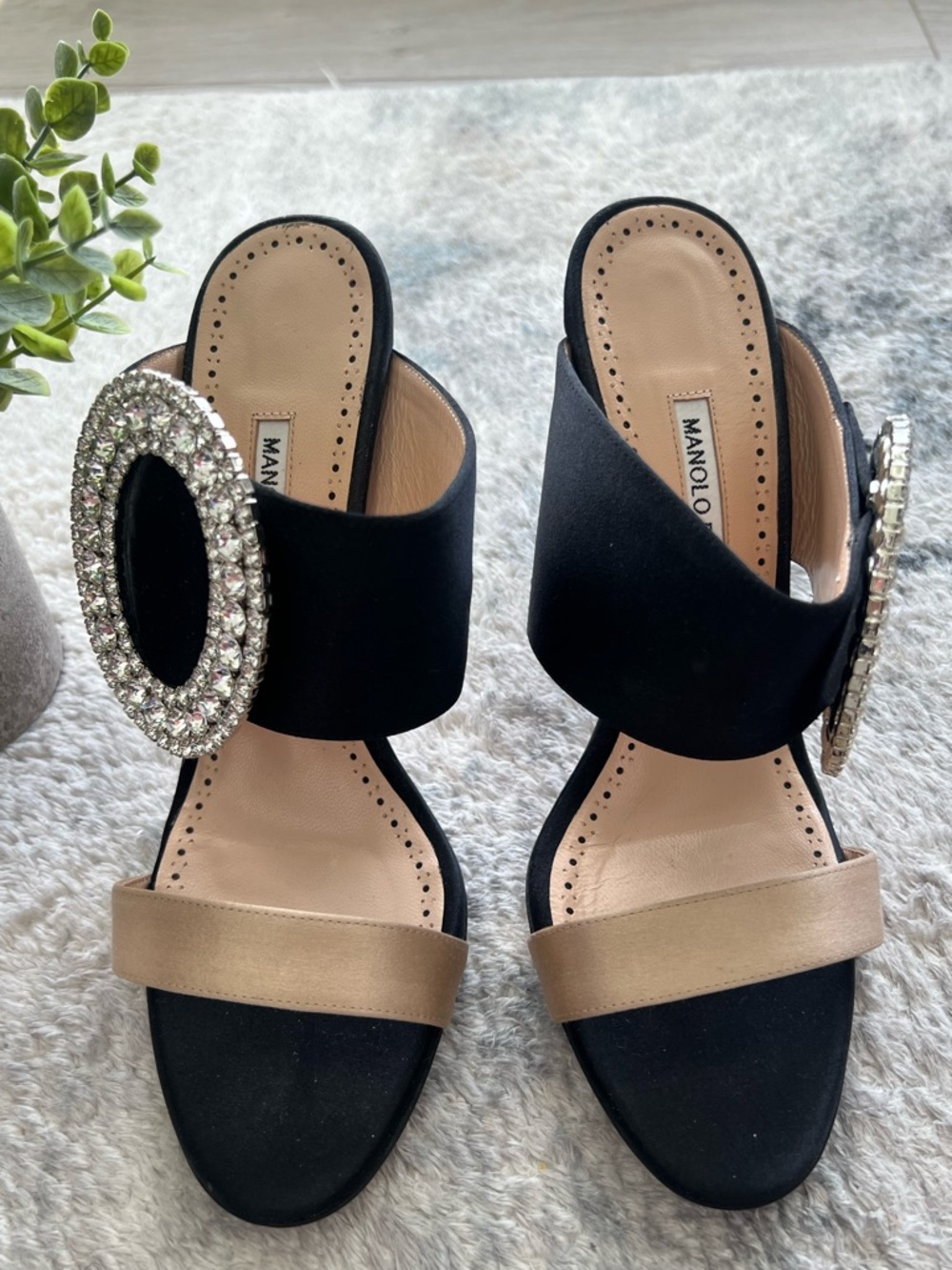 Manolo Blahnik Black & Nude Crystal-Embellished Slide Sandals